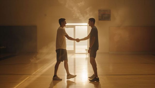 Two players shaking hands on sunlit gym court backlit by golden beams