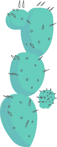 Teal cartoon cactus with black spines on transparent background
