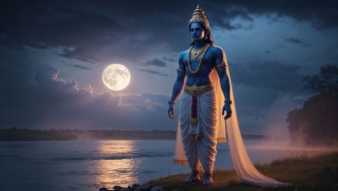 Celestial figure of krishna on riverbank under moonlight: spiritual tranquility and tradition