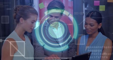 Business Team Collaborating Around Tablet with Holographic Interface for Boardroom Pitch