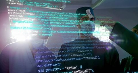 Surgical team wearing vr headsets navigating projected code in futuristic lab for training