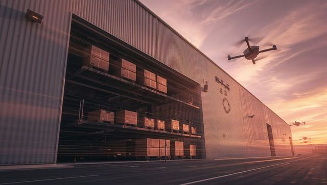 Drones flying near modern warehouse during sunset