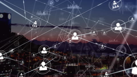 Digital Network Overlay Across Urban Skyline at Sunset