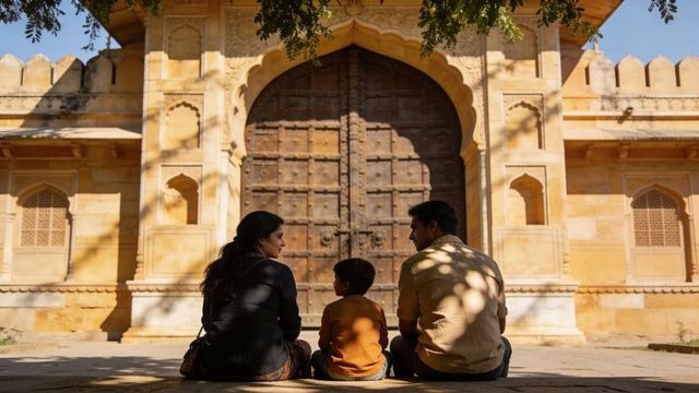 Family sitting by ornate wooden gate at sandstone archway in heritage courtyard