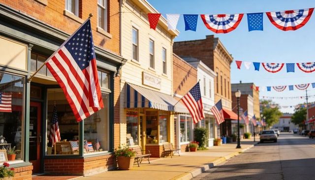 Small town main street featuring american flags and patriotic bunting in sunlit downtown