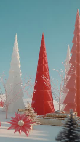 Vertical winter diorama panning right and zooming out over minimalist cone trees