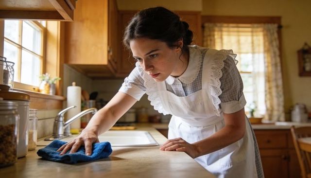 Focused young woman wearing vintage apron cleaning sunlit cottage kitchen counter