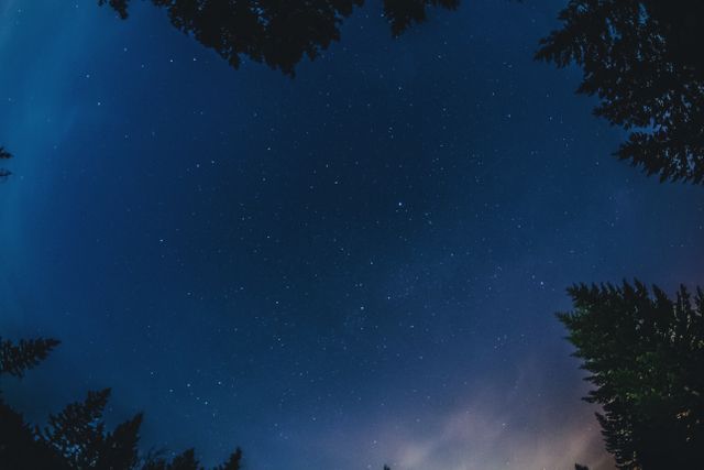 Night sky filled with stars, silhouetted by surrounding trees. Suitable for use in nature, astronomy, and serene outdoor settings. Ideal for wallpapers, backgrounds, travel blogs, astronomy guides, and calming visuals in meditation content.
