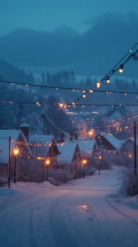 Dusk settling over snowy village with string lights twinkling along lantern-lit road