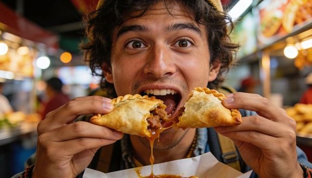 Young man enjoying dripping savory empanada at bustling night market stall