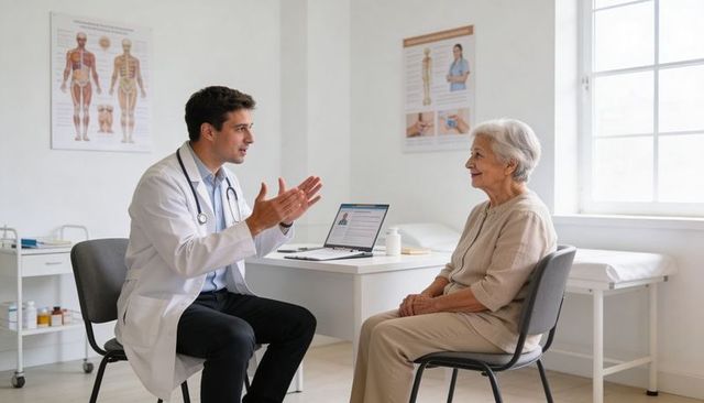Doctor consulting with senior woman in bright clinic discussing health, treatment and wellbeing