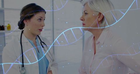 Doctor Explaining Genetic Test Results with DNA Helix Graphics