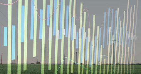 Renewable Energy Analytics Displaying Pastel Bar Chart Overlaying Wind Farm Landscape