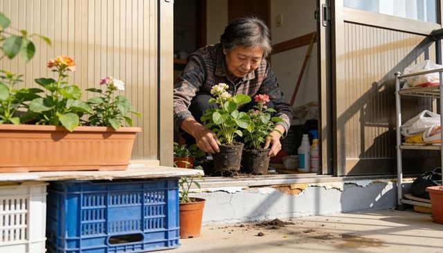 Senior asian woman tending potted flowering plants at doorway, sunlit home gardening