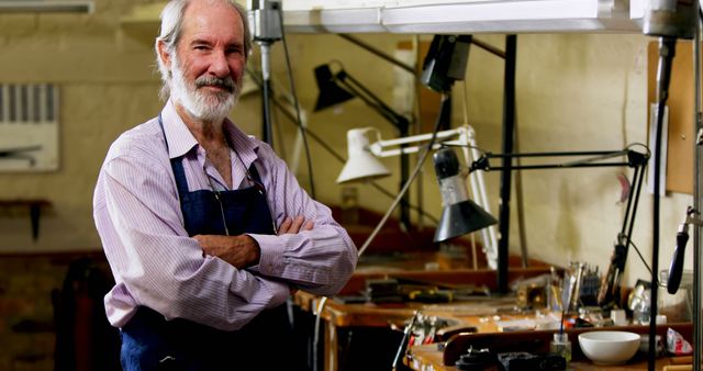 Senior artisan in workshop proudly displaying craftsman tools - Download Free Stock Images Pikwizard.com