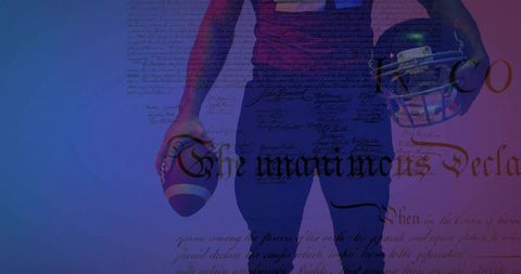 American football player holding ball and helmet with patriotic declaration script overlay