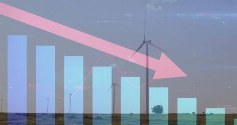 Showing declining renewable energy investment over wind farm with analytics trend overlay