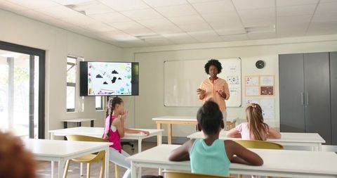 African American Teacher Leading Elementary Class with Digital Screen and Engaged Students