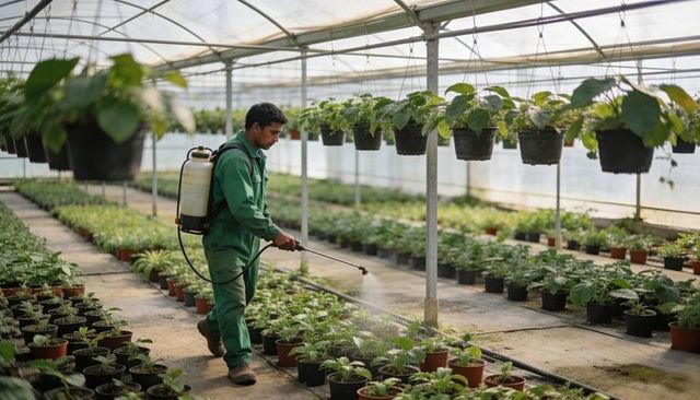Horticulturist spraying potted plants with backpack sprayer in commercial greenhouse