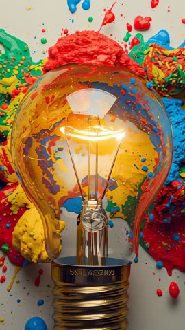 Vertical video capturing glowing filament bulb splashing vibrant paint in slow motion