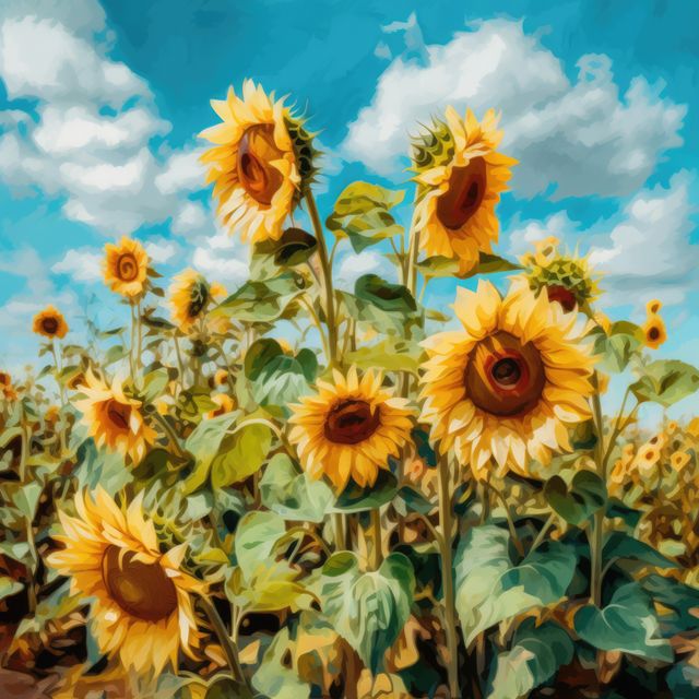 Vibrant sunflowers stand tall against a bright blue sky with scattered clouds. This idyllic summer scene showcases lush flowers in full bloom, providing a perfect backdrop for use in publications, websites, or digital media emphasizing nature, agriculture, or seasonal beauty. Ideal for advertising, greeting cards, or as a decorative element in home and office interiors.