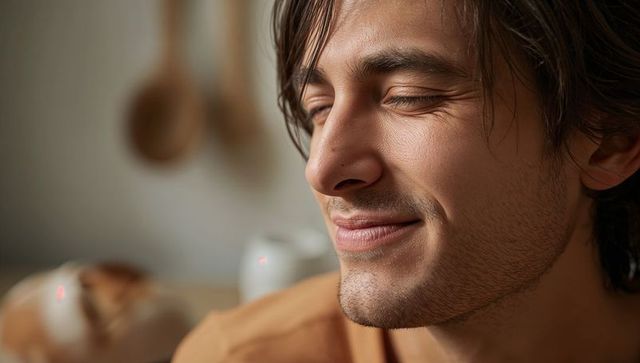 Smiling young man closing eyes enjoying warm morning light in cozy kitchen close-up