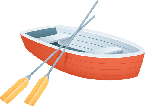 Red rowboat with oars on transparent background