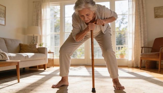 Senior woman balancing with wooden cane in sunlit living room barefoot in loungewear at home