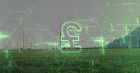 Digital pound symbol over wind farm with neon green hue