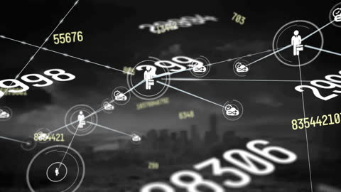 Digital Network with Data Icons over Cityscape Animation