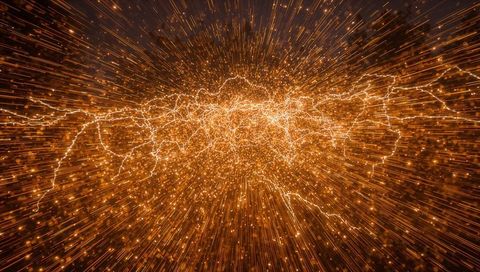 Radiating Golden Particle Core Streaming Outward with Electric Filaments and Radial Light