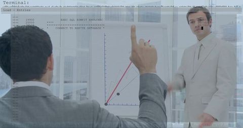 Businessman pointing at growth chart with red marker during presentation with terminal overlay