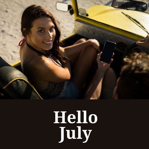 Smiling woman enjoying beach trip in july