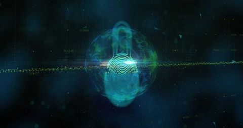 Rotating holographic globe forming fingerprint core above cyber network with green waveform