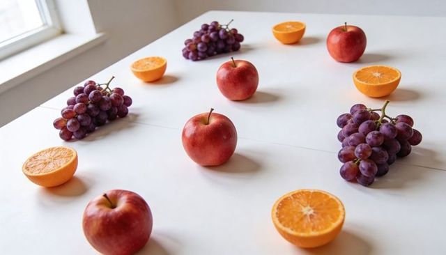 Minimalist fruit arrangement with red apples, halved oranges and purple grapes on table