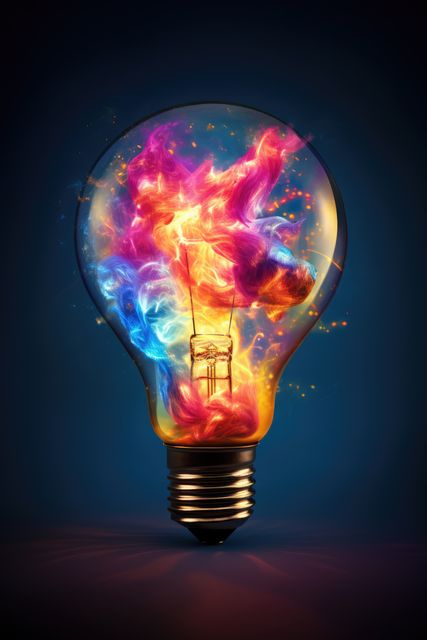 An incandescent light bulb with colorful and vibrant flames inside. Illustration symbolizes creativity, bright ideas, innovation, and energy. Ideal for use in creative industries, technology advertisements, and conceptual art presentations.