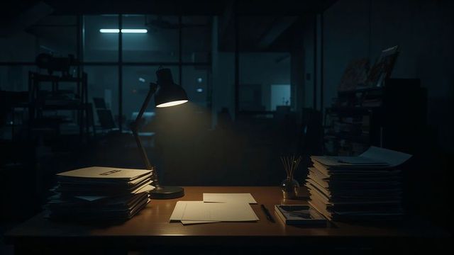 Cozy office desk with warm lamp light and organized documents