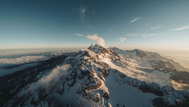Glowing jagged mountain peak catching golden light over alpine glaciers and crevasses at sunrise