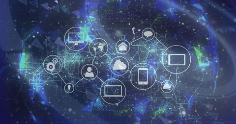 Futuristic Digital Network with Interconnected Technology Icons