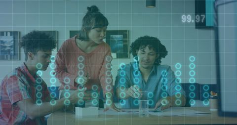 Diverse Team Meeting with Financial Analysis Overlay