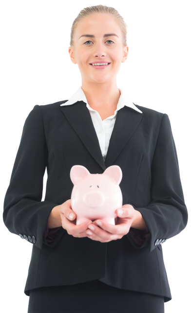 Transparent Businesswoman Holding Piggy Bank and Smiling - Download Free Stock Videos Pikwizard.com