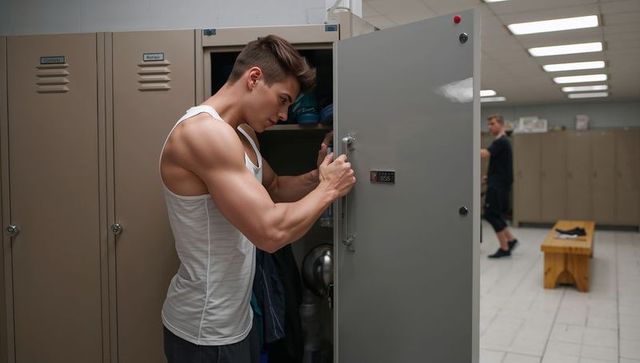 Athletic Man Opening Locker in Gym Locker Room Preparing Workout Gear Pre-Workout