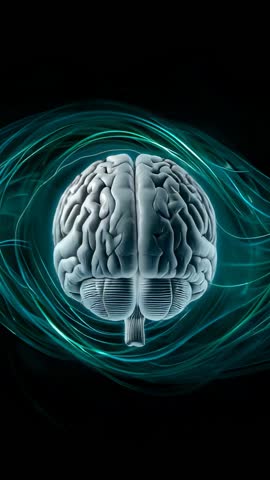 Rotating 3D Brain with Teal Energy Swirls | Vertical Futuristic Medical Technology Animation