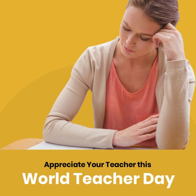 Composition of world teachers day text with caucasian female teacher on yellow background. World teachers day and celebration concept digitally generated image.