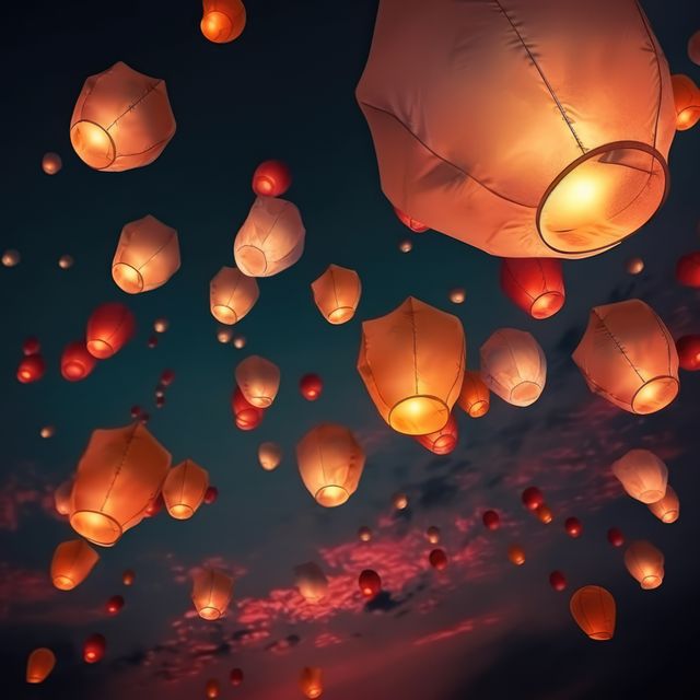 Multiple lighted chinese lanterns over sky with clouds created using generative ai technology - Download Free Stock Photos Pikwizard.com