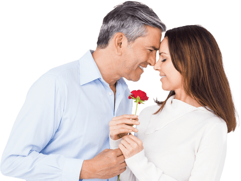 Caucasian Couple Embracing with Flower Intimate Romance on Transparent Background