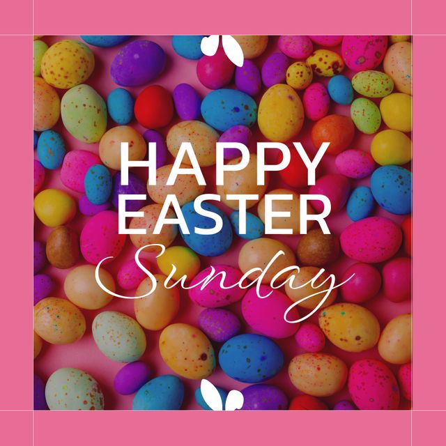 Brightly colored Easter eggs help capture festive spirit of holidays with text 'Happy Easter Sunday'. Great for social media posts, greeting cards, and holiday promotional materials to celebrate Easter joyfully.