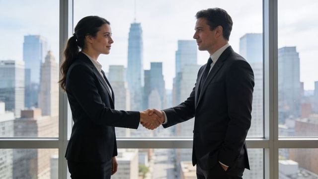 Executives shaking hands in highrise office city skyline conveying corporate partnership
