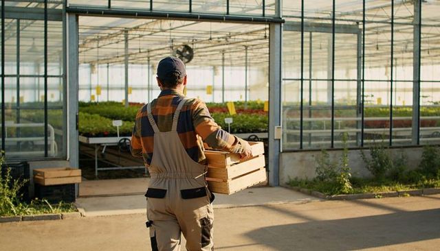 Greenhouse worker carrying wooden crate toward plant benches in sunlit glasshouse