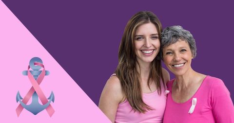 Breast cancer awareness with smiling caucasian women and pink ribbon anchor